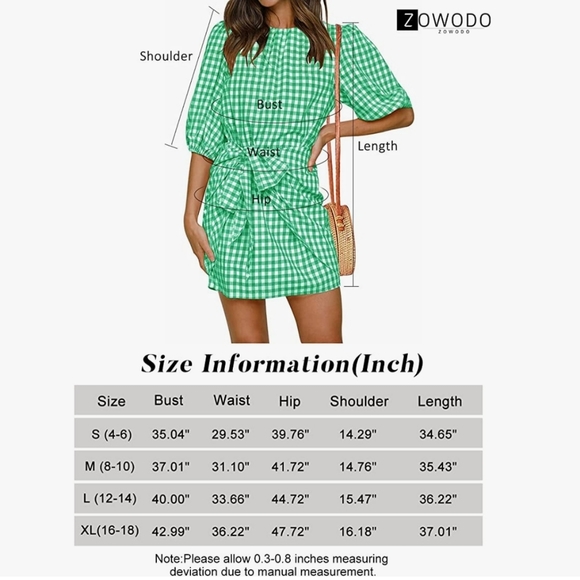 Womens Casual Plaid Crewneck Lantern Sleeve Wrap Tie Waist Party Short MiniDress - Picture 14 of 14